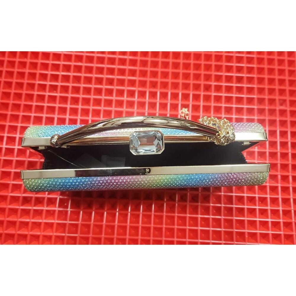 Rainbow Colored Rhinestone Clutch Purse Gold Tone Hardware - Picture 8 of 9